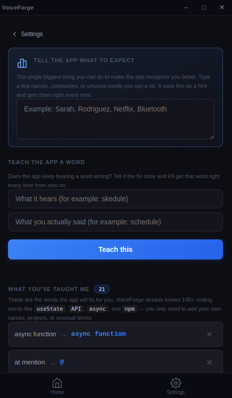 Corrections screen — "Tell the app what to expect" hints, teach-a-word input, and a list of learned corrections.