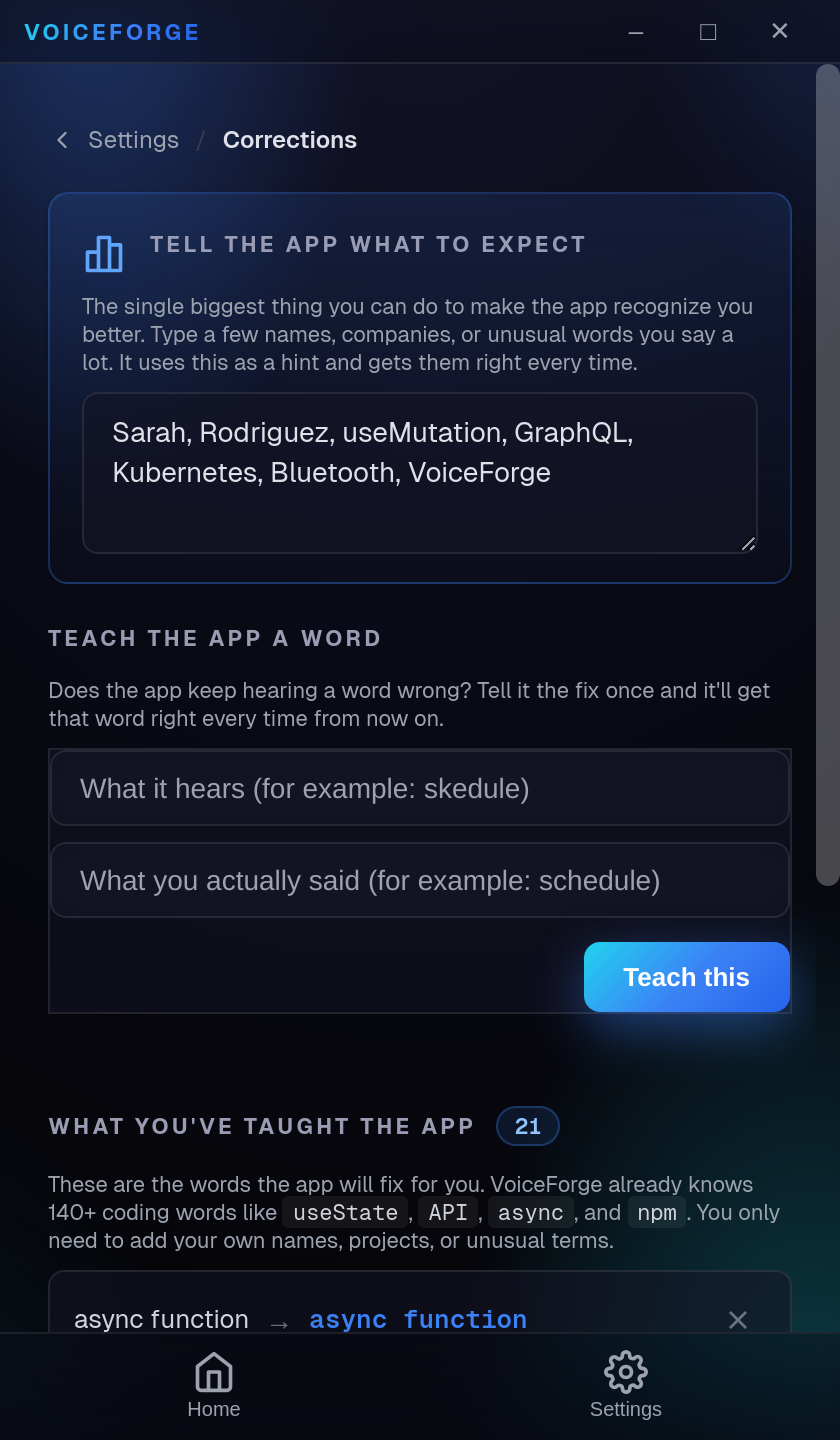 Corrections screen with "Tell the app what to expect" hints, teach-a-word input, and a list of learned corrections.
