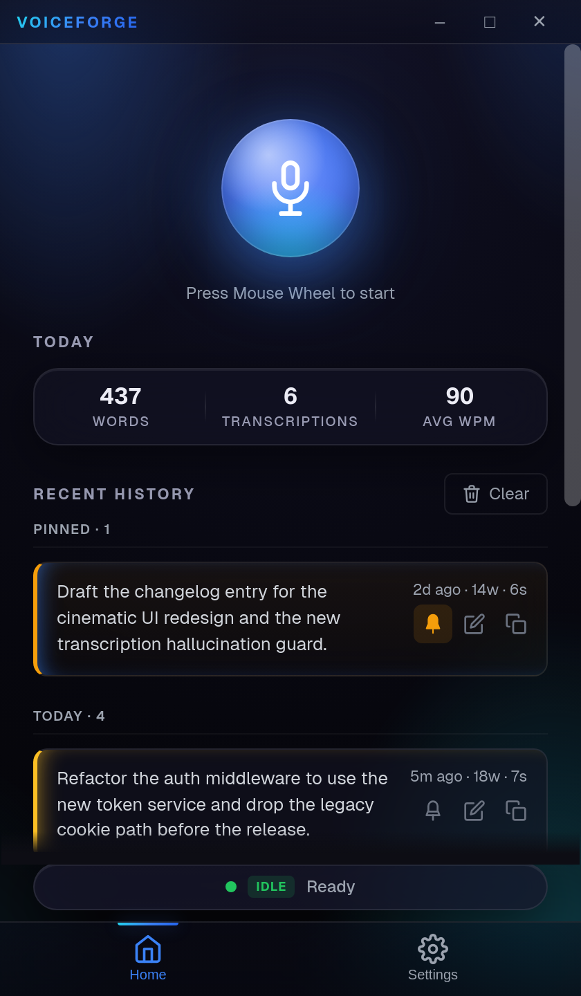 VoiceForge home screen with a large microphone button, today's word count, and recent transcriptions list.