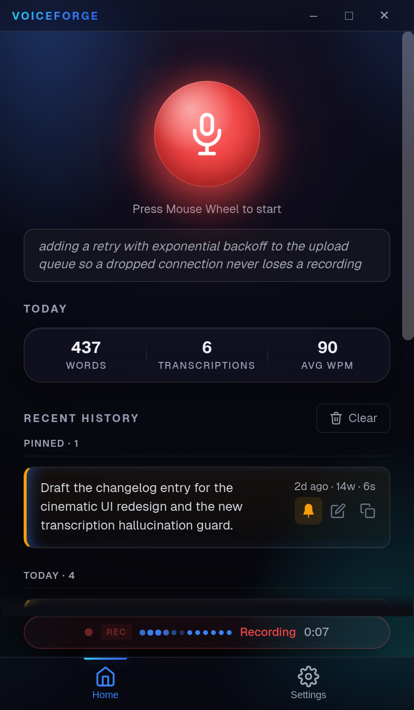 VoiceForge actively recording: red microphone with live audio waveform and a running timer.