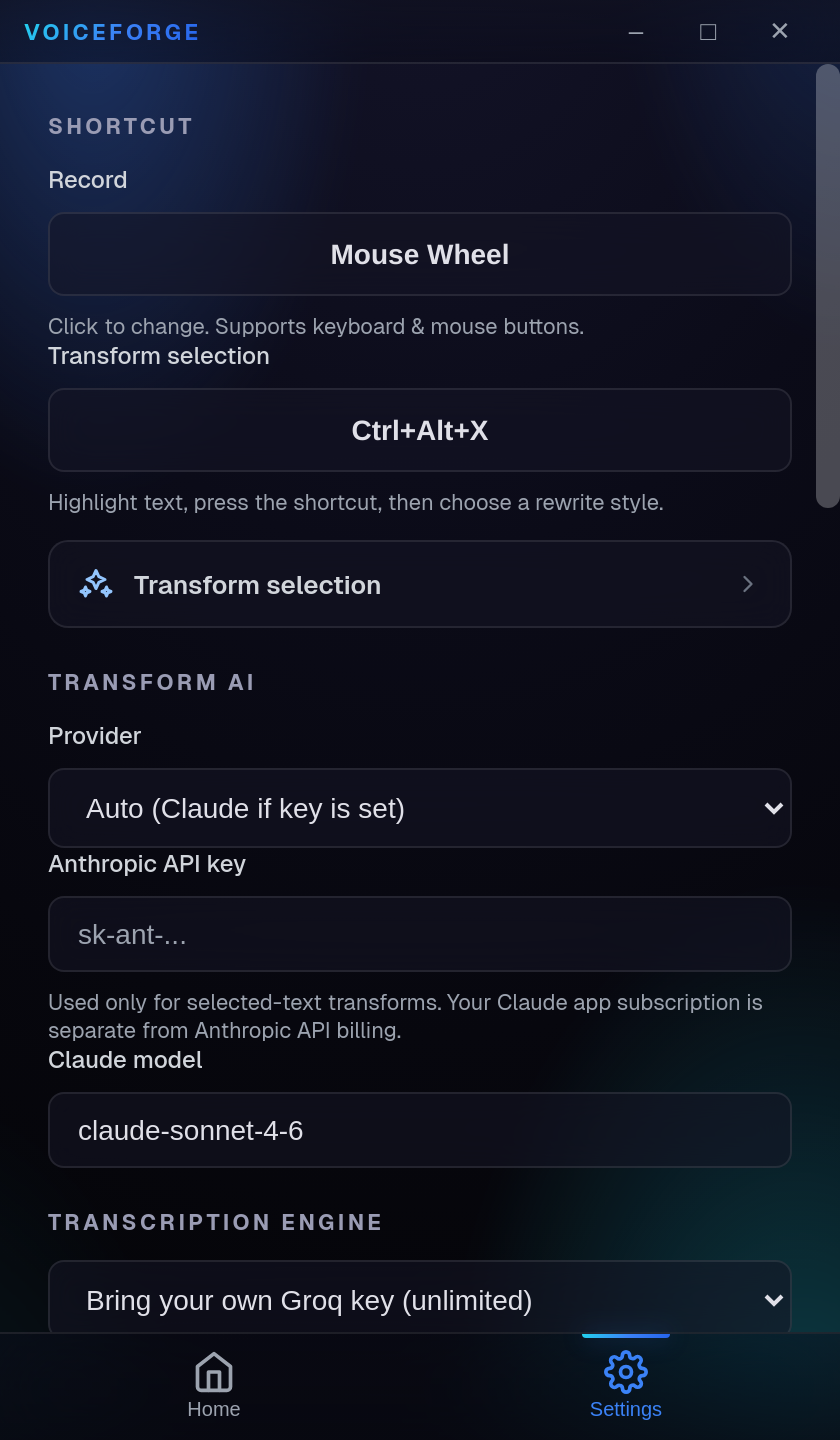VoiceForge settings screen showing the record shortcut, API key, language, corrections and dictionary cards.
