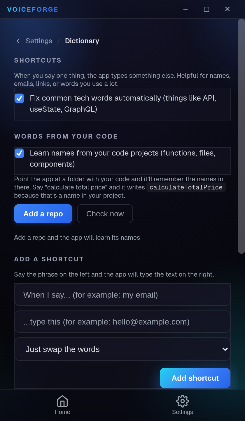 Shortcuts settings with code-project learning and an add-a-shortcut form mapping spoken phrases to typed text.